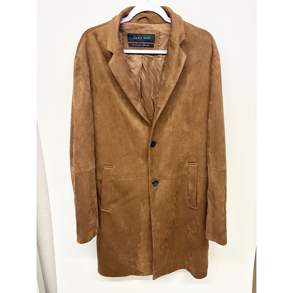 Long Faux Suede Minimalist Luxury Coat Zara Man Large Brown Button Up